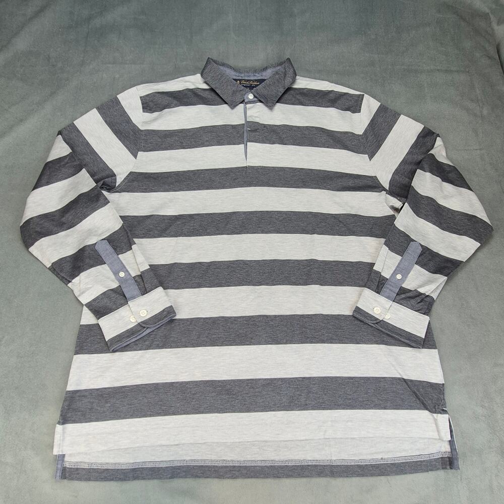 Brooks Brothers Original Fit Mens Wide Striped Long Sleeve Gray Polo Sz XL